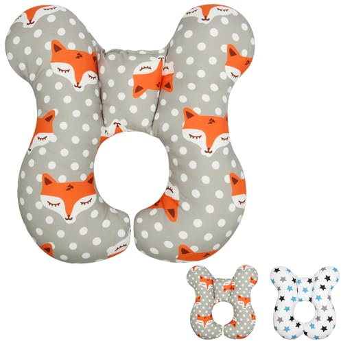 Alaoo Cuscino da Viaggio per Bambini, Cuscino di supporto per la testa del bambino per neonati, Cuscino da viaggio in cotone morbido, Adatto per seggiolini auto, passeggini(Volpe)