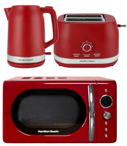 Hamilton Beach Kettle Toaster and Microwave Set, Ella, Electric Kettle 1.7L, Wide Slot Toaster 2 Slice, Microwave, 20L Retro, Red - ELLARB