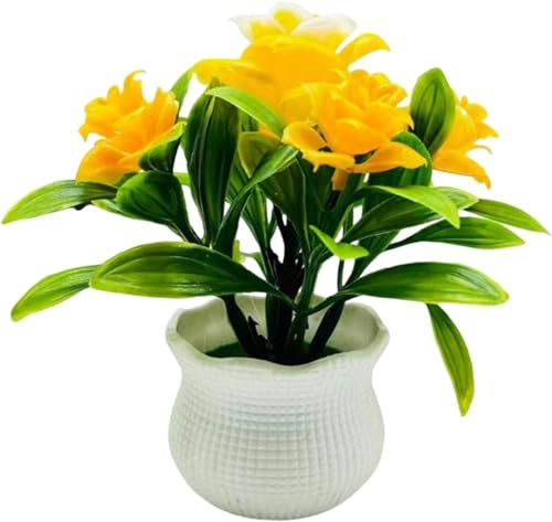 Gryshanyun Yellow Faux Roses - 5-Petal Bloom Potted Arrangement for Home/Wedding/Garden Decor, Artificial Flowers Indoor and Outdoor (Mini Floral Centerpiece)