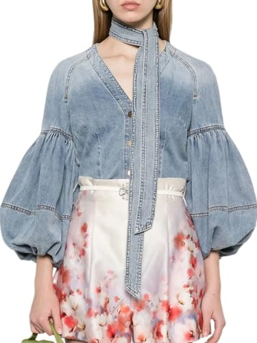 OFSOAK Women's Denim Bow Shirt Button Down Shirt Women Tie V Neck Blue Denim Blouses Jean Jacket with Elastic and Puff Sleeves