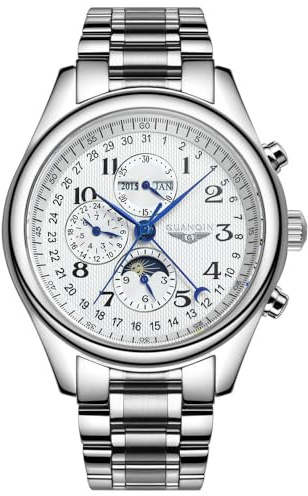 Guanqin Montre mécanique multifonction automatique pour homme, avec verre en saphir, phase lunaire, calendrier perpétuel, étanche, montre-bracelet en acier inoxydable ou bracelet en cuir, Classique