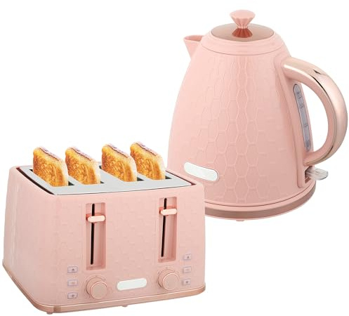 HOMCOM Kettle and Toaster Set, 1.7L 3000W Fast Boil Jug Kettle with Auto Shut Off, 4 Slice Toaster with 7 Level Browning Controls & Crumb Tray, UK Otter Thermostat, Light Pink