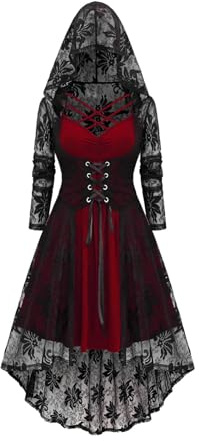 Abito Gotico con Cappuccio Donna,Medievale Vestito Maniche Lungo Bustino Shapewear Allacciatura Corsetto,Vintage Costume di Halloween Vestiti Rinascimentale Abiti Vittoriano Costume per Carnevale