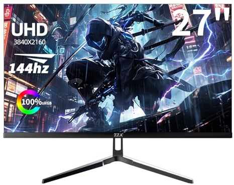 ZZA 27 Inch 4K Gaming Monitor,UHD(3840x2160) 4K 144Hz Flat Monitor, Adaptive Sync,HDMI 2.1 & DP 1.4,Tilt Adjustment PC Monitor, Wall Mountable, for Work, Streaming, and Home Office, Black