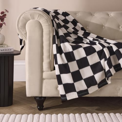OHS Fleece Blanket for Bed, Soft Warm Cosy Checkerboard Throws for Sofas Settee Couch Decorative Throw Blanket Lightweight Comfy Single Bed Throw, Monochrome - 120 x 150cm