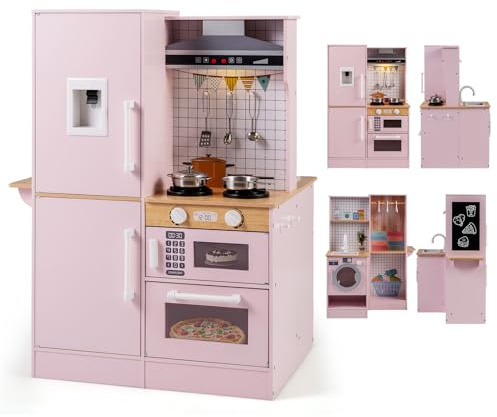 COSTWAY Cuisine Enfant Double Face avec Distributeur d'eau et Tableau Noir, Jeu de Cuisine avec Hotte, Machine à Laver, Lumières et Sons Réels, Étagères, Jeu d'Imitation pour Enfant de 3 Ans+ (Rose)