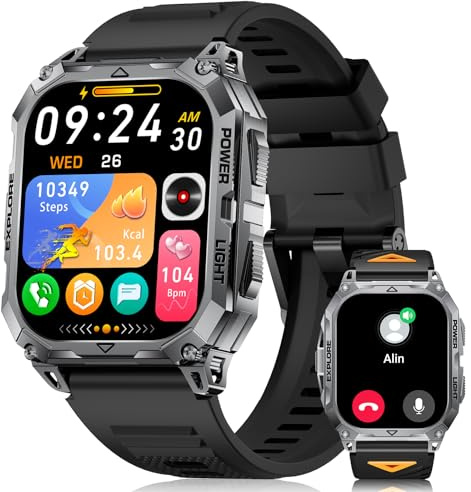 Smartwatch Uomo con Torcia, 2.01 Orologio Smart Watch con Chiamata Bluetooth, Militare Orologio Fitness con 110+ Modalità Sportive, Frequenza Cardiaca/Sonno/IP68 per Android iOS, Nero