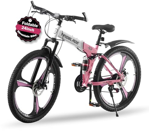 TRIOBLADE 24/26/27.5'' Folding Mountain Bike 21Speed Foldable Mountain Bicycle with Dual Disc Brakes 3 Spoke Wheels Mountain Bikes Dual Suspension Design for Adult Men Women (Black&Pink, 24inch)