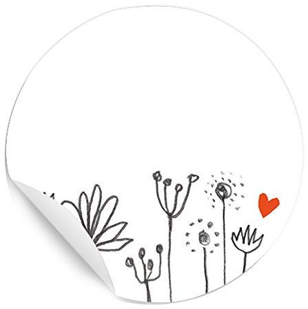 24 Aufkleber, Etiketten selbstklebend zum selbst beschriften, für Hochzeit, Marmelade oder Geschenke, Freitext Rund 4 cm, Blumen Design, florale Zeichnung mit kleinem roten Herz, MATTE Papieraufkleber