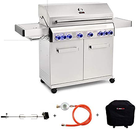 CosmoGrill Platinum Stainless Steel 8 Burner 6+2 Gas Barbecue Grill with Rotisserie and Waterproof Cover, High-Performance Outdoor Garden BBQ for Home Cooking