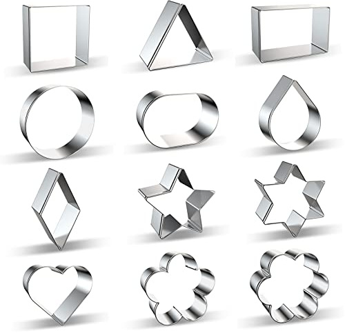 Geometric Classic Shapes Cookie Cutter Set of 12 - Heart, Flower, Star, Circle, Square, Triangle, Rectangle, Oval, Teardrop, Diamond, Star of David Shaped Cookie Cutters Biscuit Mold - Stainless Steel