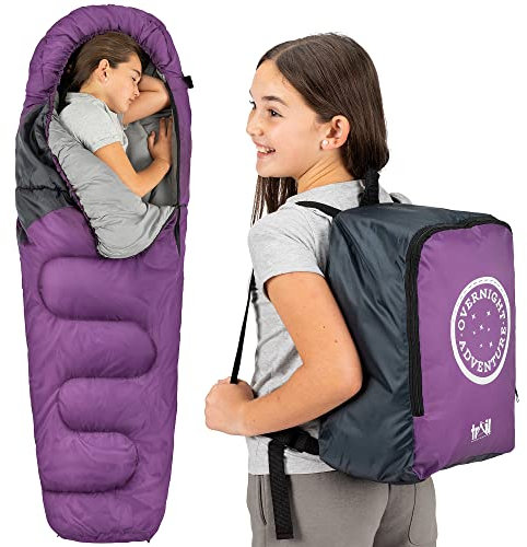 Trail Schlafsack Kinder Mumienschlafsack als Schlafsack 3 Jahreszeiten für Camping – 300gsm – für Jungen und Mädchen – mit Leichtem Transportrucksack - Lila