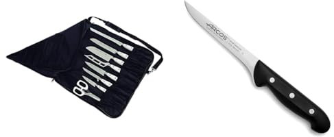 Arcos Bolsa Portacuchillos de 8 Piezas para Guardar Cuchillos. Color Negro & Cuchillo deshuesador con Hoja Acero Inoxidable Nitrum 160 mm