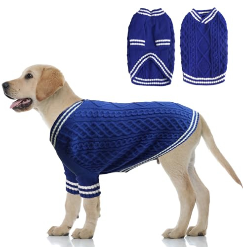 LiebeDD Hundtröja stora hundar, varm stickad kappa, hundtröja, V-ringad hundtröja, stickad hundtröja för fransk bulldog, labrador, schäfer, hundtröja (blå XXL)