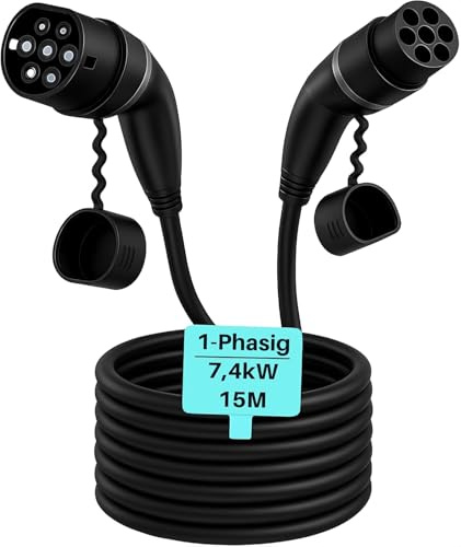 LDY Cable de carga para coches eléctricos tipo 2, 7,4 kW, 15 m, 32 A, monofásico, incluye bolsa de transporte