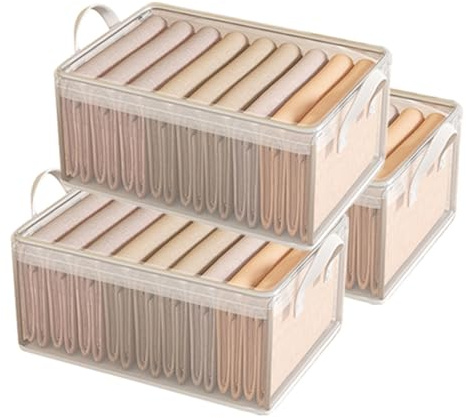 wintfarm 3pcs wardrobe storage organiser,clear foldable storage boxes with Steel Frame,wardrobe storage organiser with lid,storage cubes for jeans pants shirts leggings sweaters (3 pcs without lid)