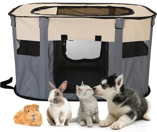 Sea Team Foldable Pet Playpen, Sturdy Odor-Free Portable Dog Cat Cage, Indoor Outdoor Puppy Playpen with Mesh Panels,GREY S