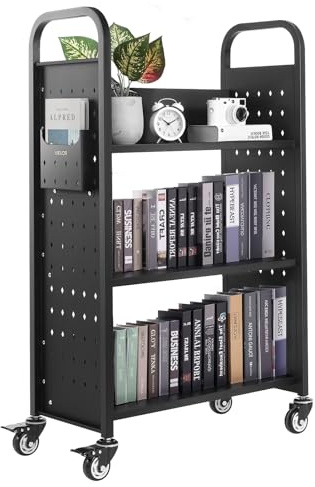 VEVOR Chariot à Livres, Capacité de Charge 150 kg, Chariot de Bibliothèque, 77 x 38 x 122 cm, Étagère de Rangement Livres Simple Face en L avec roulettes Double Frein, pour Salon, Bureau, École, Noir