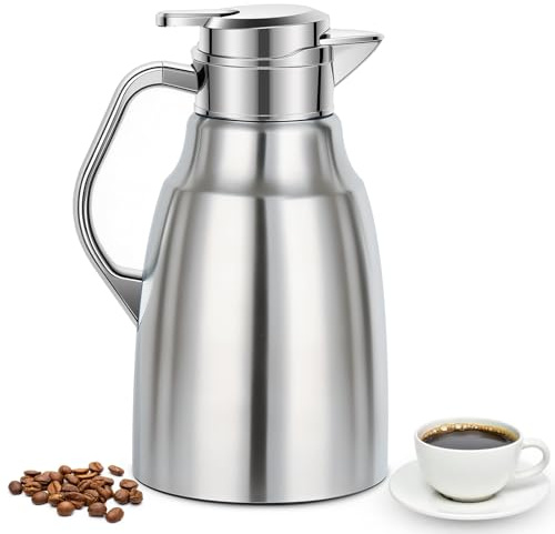 Esilihom 1.8L/61oz Thermal Coffee Jug,Double-Walled Vacuum Carafe Jug, Stainless Steel Coffee Pot, Insulated Teapot with Press Button Top, Warm & Cold Retention for Tea, Water, Drink (Silver)