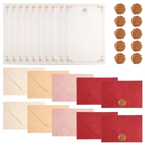 30 pezzi Carta da Lettere con Busta, 10 Decorata Busta Kraft, 10 Fogli di Carta da Lettere A5 e 10 Sigilli in Ceralacca Buste Vintage per Inviti di Nozze, Lettere D'amore e Biglietti di Auguri