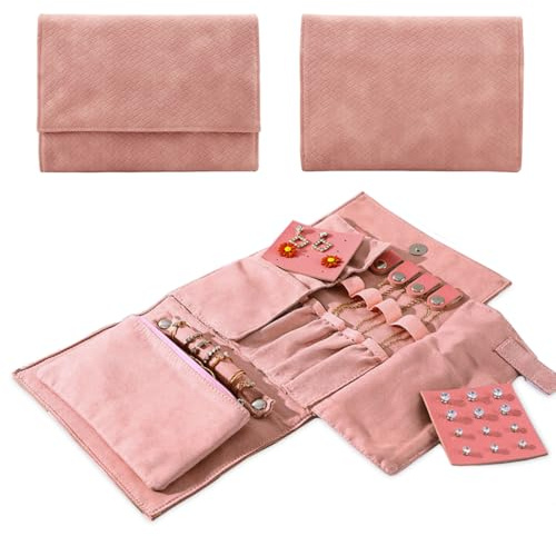 Foldable Jewelry Organizer for Travel, Compact PU Leather Jewelry Bag with Zippered Pouch, Tangle-Free Roll Up Storage for Earrings, Necklaces, Rings, Bracelets, Portable Jewelry Roll (Pink, Blue)