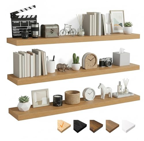 RICHER HOUSE 100 cm vägghyllor, svävande hylla i ek med osynliga fästen, väggboard trä av MDF för badrum, sovrum, kontor, vardagsrum, kök, set om 3, 100 x 23,5 x 3,8 cm