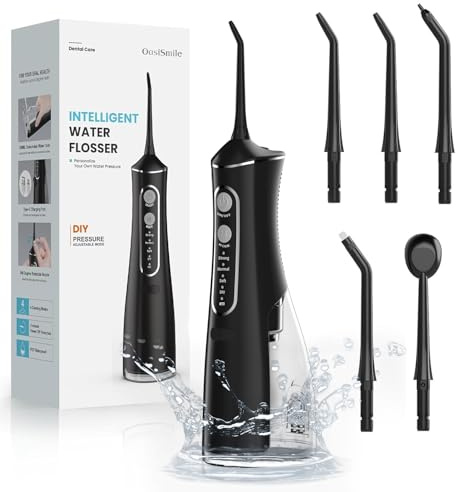Irrigador Dental Portátil, 300ML Irrigador Bucal Profesional con Tecnología DIY Autoajustable, 5 Boquillas y 4 Modos, Ideal para Ortodoncia y Encías Sensibles, Inalámbrico IPX7 para Viaje Hogar
