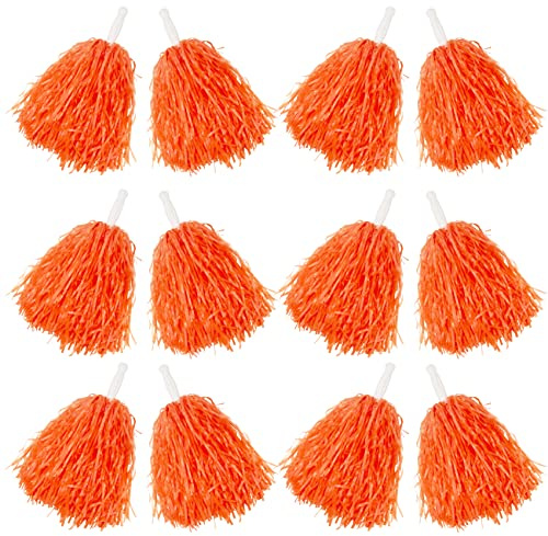 Comicfs 12 PCS Cheerleading Pom Poms, Plastic Pom Poms with Baton Handle for Game Sports Squads Dancing Party Football Basketball Club Spirit Sports Stage Performance Celebration (Soft Plastic-Orange)