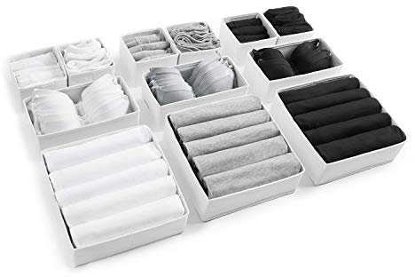 Eco Home Store Divisore Organizer per Cassetti per Vestiti, Intimo, Calzini, Reggiseni e Accessori – Scatole Pieghevoli in Cotone per Camera da Letto, Armadio e Scrivania – Confezione da 12 – Bianco