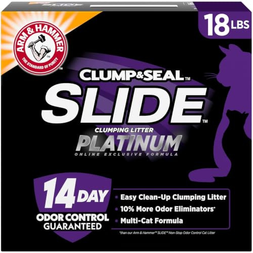 ARM & HAMMER Clump & Seal SLIDE Platinum Multi-Cat Clumping Cat Litter, Easy Clean Technology with No Scrubbing, 14-Day Odor Control, 18 lbs
