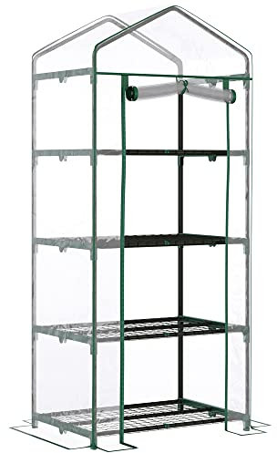 Outsunny Serre de Jardin avec étagères 4 Niveaux, Serre de Balcon, bâche renforcée PVC, châssis en Acier, Porte zippée, pour légumes Plante Fleurs, intérieur et extérieur, 70x50x160cm, Transparente