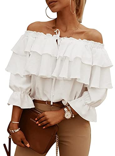 Haut à épaules Dénudées pour Femmes avec Manches Lanterne Blouse à épaules Dénudées été Décontracté élégant Volants à Manches Longues Haut de Chemise