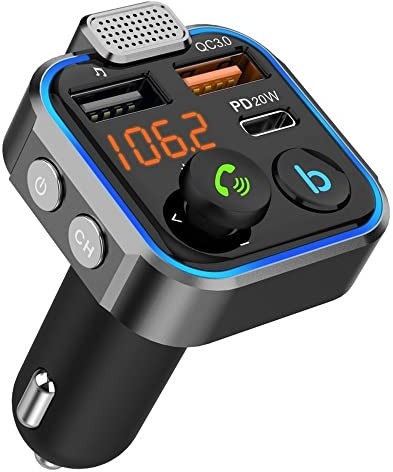 NK Bluetooth FM Transmitter - 3 Ports Aufladen: x2 USB QC3.0 + x1 PD 3.0 Typ C 20W, Freisprechfunktion, Geräuschunterdrückung, Schnelles Aufladen, Taste B: Hi-Fi Deep Bass (Freisprecheinrichtung)