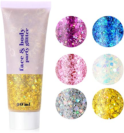 URAQT Body Glitter Gel, 50ml Holographic Mermaid Sequins Chunky Cosmetic Face and Body Gel, Sparkling Festival Party Lotion for Face, Eye, Hair, Nail DIY Art (Gold)