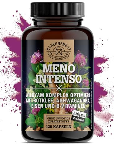 MENO INTENSO® Yamswurzel -WICHTIG: Wechseljahre Kapseln mit Yamswurzel hochdosiert, Rotklee, Ashwagandha, Rhabarber, Eisen, Vitamin B9+B12 -Meno Komplex- DE SCHEUNENGUT®