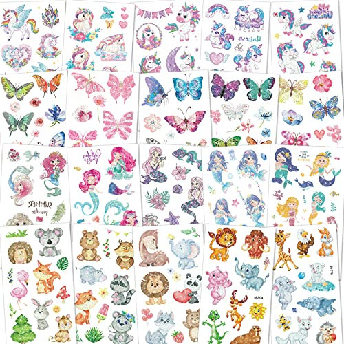 KIHONI 250 Stück Kinder Tattoo Mädchen Temporäre Tattoos zum Aufkleben Kindertattoos, Klebetattoos Kinder Mädchen Perfekt Mitgebsel Kindergeburtstag (Glitzer Tattoo)