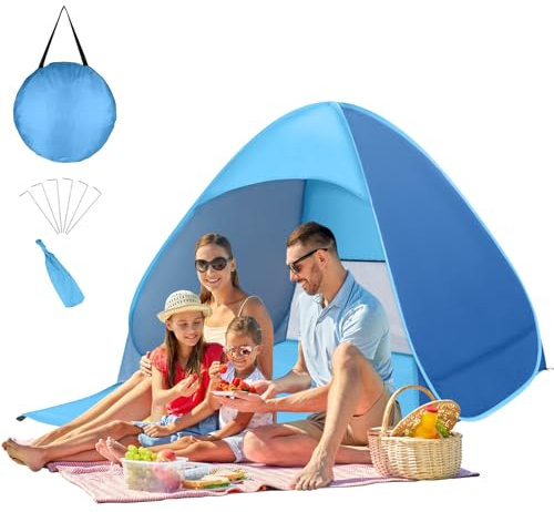 Strandmuschel Pop Up, Tragbar Extra Light Automatisches Strandzelt, Sun Shelter für 1-2 Personen, Einschließlich Tragetasche und Zeltpflöcke,Beach Zelt für Familie Strand Garten Camping (Blau)