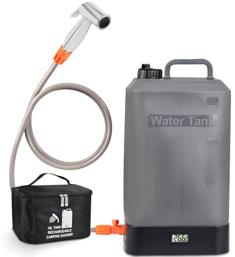 B. TAWD 4.5 Gallon Silicone Water Tank, Portable Camping Shower, USB Battery Charging, Solar Heating, with Shower Head, Electric Portable Outdoor Shower, Built-in Thermometer, Beach, Camping, Hiking