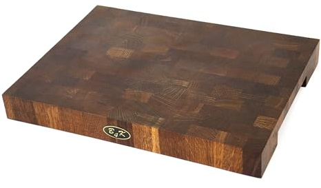 B4K® 37х27x4,3c Hackblock aus Eiche Stirnholz | Handgefertigtes Mooreiche Schneidebrett mit Griffen | Antibakterielles Hirnholzbrett mit rutschfesten Silikonfüßen | Premium Küchenbrett aus Holz