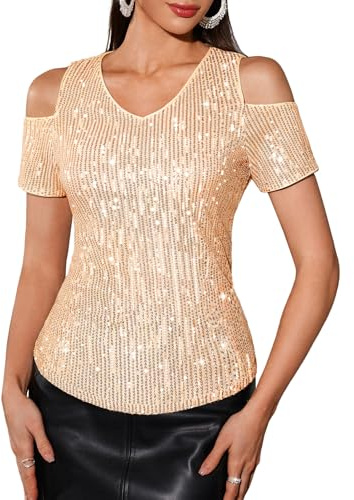 DRESSTELLS Top con paillettes da donna scintillanti camicie glitterate spalle fredde scollo a V camicette per feste carri armati club concerto autunno camicette, Champagne, XL