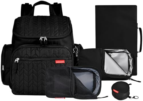 Bebamour Upgraded Nappy Changing Bag Backpack Large Travel Baby Bag with Changing Pad, Mesh Bag, Insulated Bag, Pacifier Case& Stroller Attachment, Diaper Backpack for Mom&Dad (Black)
