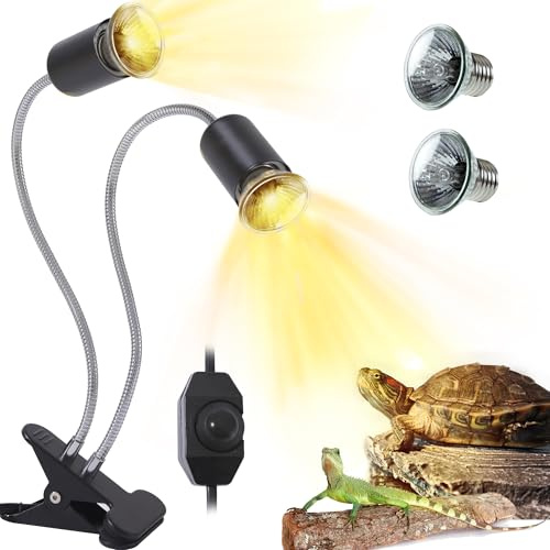 PewinGo Lampe Chauffante Tortue, double tête, Lampe Reptiles et Amphibiens avec 2 Ampoule Halogènes UVA UVB de 50W, pour Tortue, Caméléon etc., Lumière Jaune