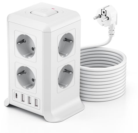 Mehrfachsteckdose mit 4 USB, 8 Fach Steckdosenleiste Steckerleiste mit USB, Mehrfachstecker Überspannungsschutz, 3M Verlängerungskabel Steckdosenturm für Zuhause,Büro