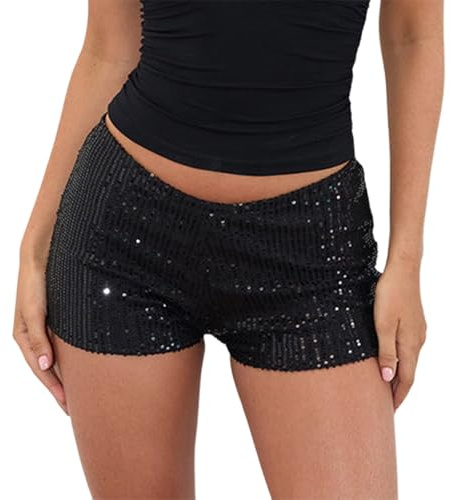 Caziffer Pantaloncini da donna con paillettes, mini shorts brillanti estivi a vita bassa, pantaloncini casual alla moda con scollatura a V per donna, Nero , S