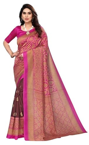 IMTRA FASHION Sari de Seda Artística para Mujer con Impresión Kalamkari Indio con Pieza de Blusa sin Coser - Rosa