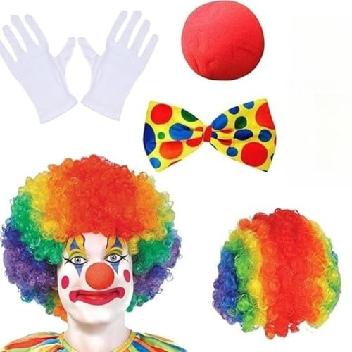 4pcs Costumi Clown Accessori Circo Per Bambini Cosplay Accessori con Parrucca Colorata da Clown, Naso da Clown, Papillon, Cravatta E Guanti Per Carnevale Cosplay Carnevali, Halloween, ecc.