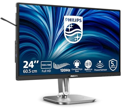 Philips 24B2N4200-24 Zoll FHD Monitor, Lautsprecher, höhenverstellbar (1920x1080, 120 Hz, VGA, HDMI 1.4, DisplayPort 1.2, USB Hub) schwarz grau