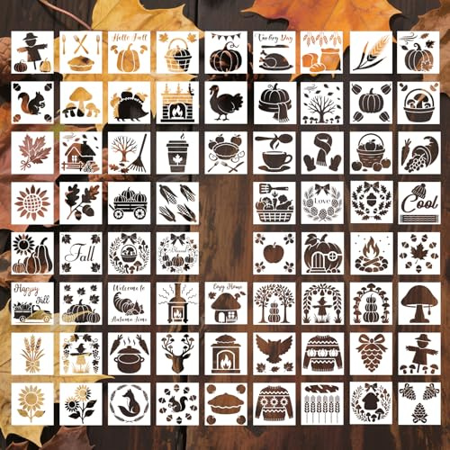 70pcs Pochoirs Peinture d'Automne, 7,5x7,5cm Thanksgiving Réutilisables pour Loisirs Créatifs sur Bois Toile Tissu Mur Porche Décoration d'Intérieur