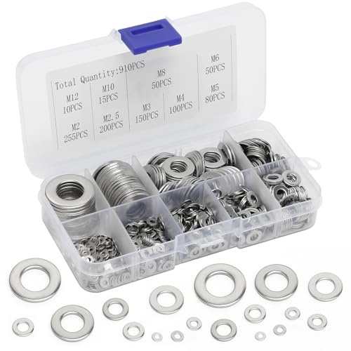 910 Piezas Arandelas Metálicas Planas, Arandelas Planas de Acero Inoxidable, Arandelas Acero Inox para Tornillos y Pernos (M2, M2.5, M3, M4, M5, M6, M8, M10, M12)