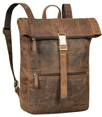 STILORD Cairo Mochila Roll Top Cuero hombres y mujeres ideal como oficina de día bachillerato colegio viagem y escolar mochila ordenador portatil 14-17.3 pulgadas Color:colorado - marrón